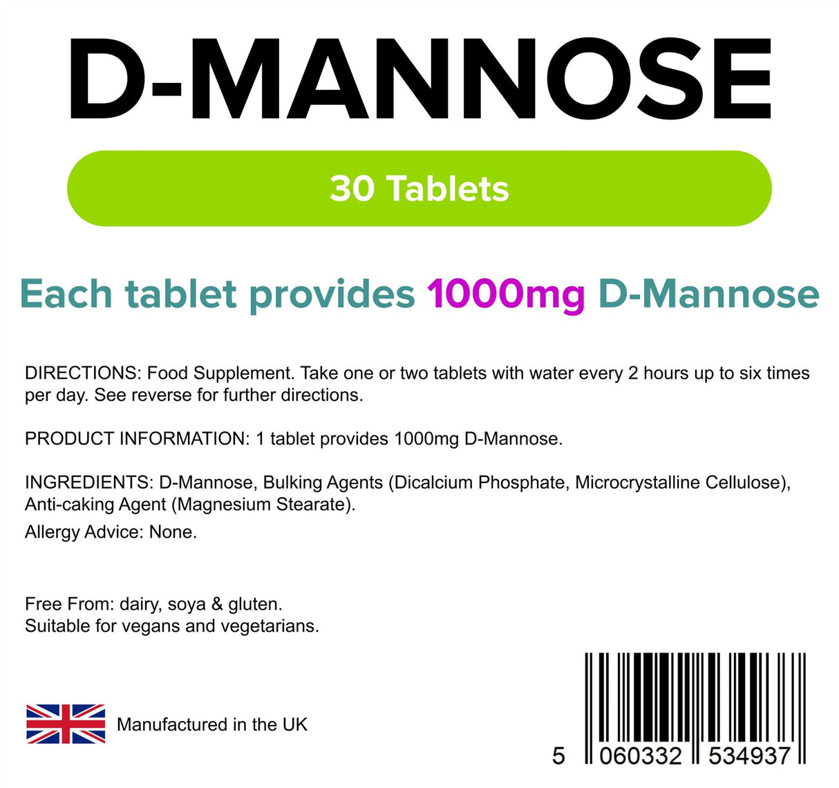 Lindens D-Mannose 1000mg - 30 Tablets