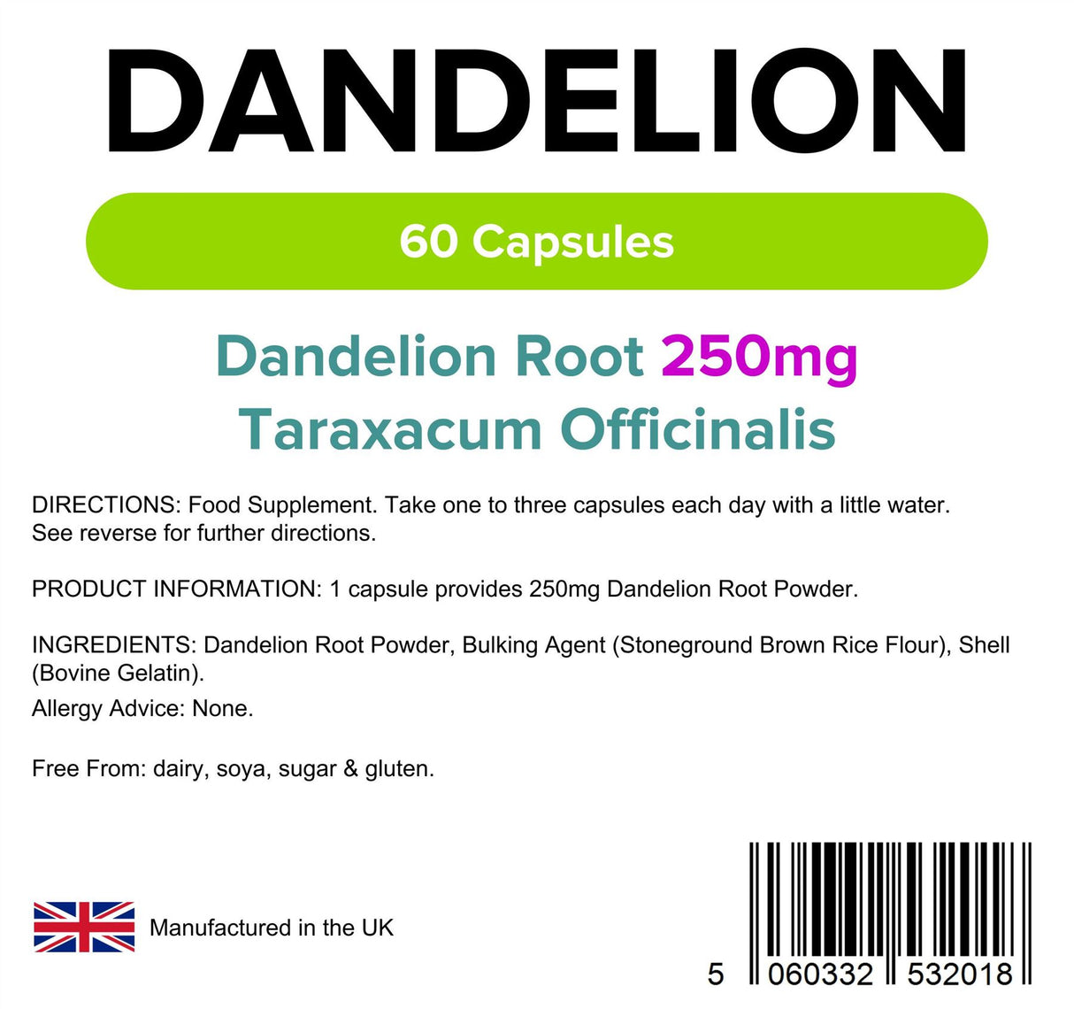 Lindens Dandelion 250mg - 60 Capsules