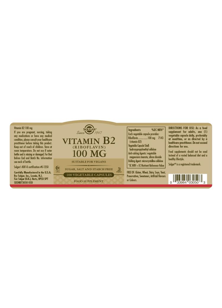 Solgar Vitamin B2 (Riboflavin) 100 mg - 100 Vegicaps