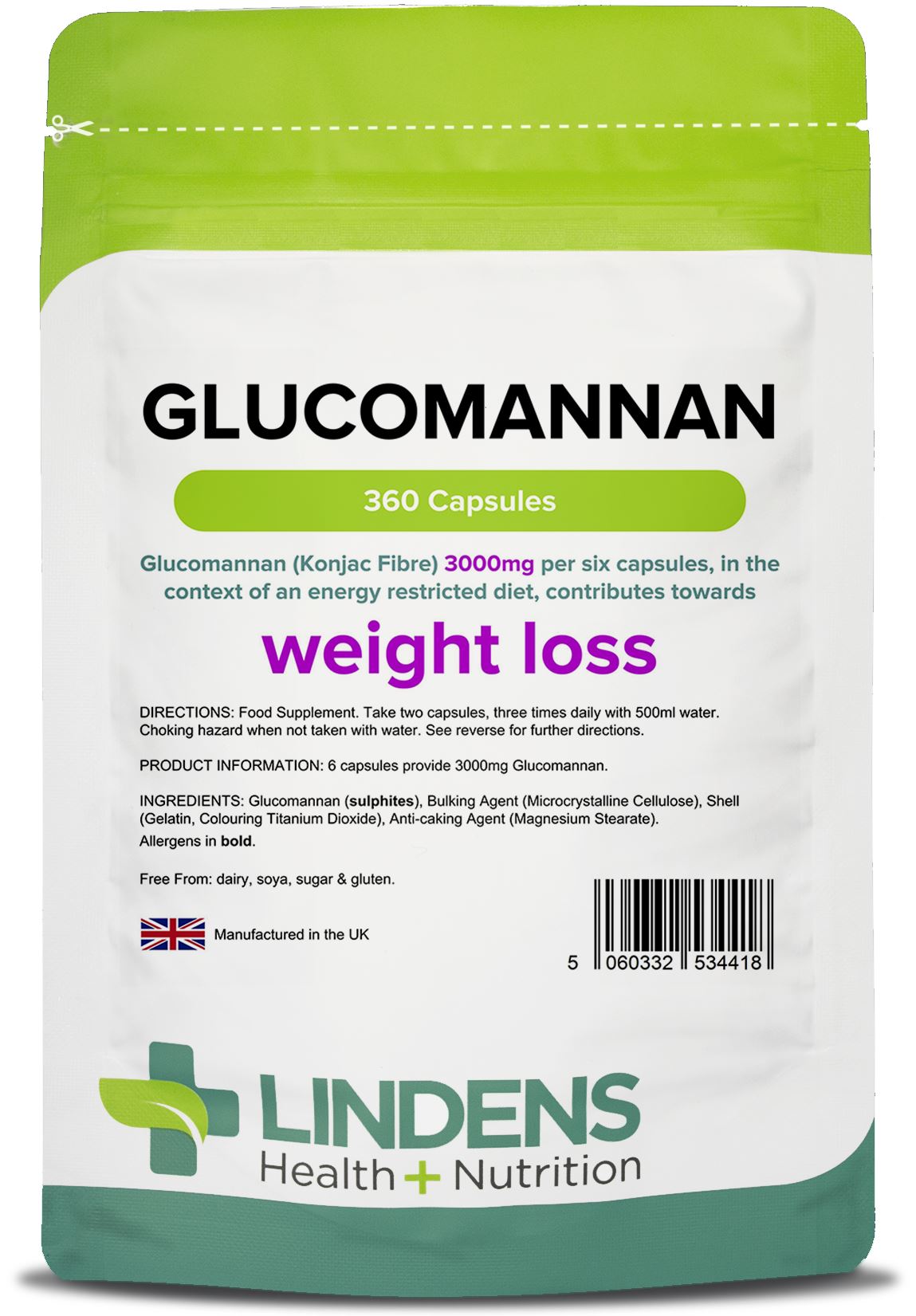 Lindens Glucomannan (Konjac Fibre) 500mg - 360 Capsules