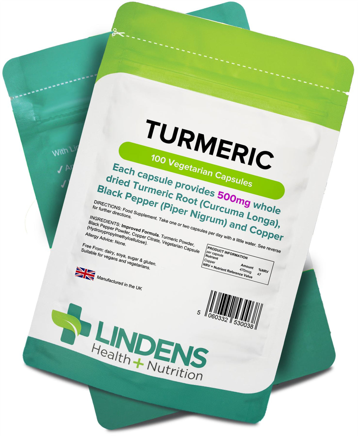 Lindens Turmeric and Black Pepper - 500mg Curcumin - 100 Capsules