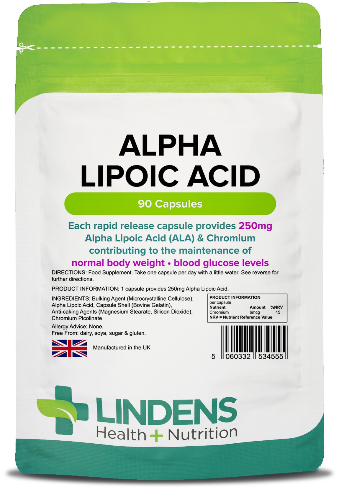 Lindens Alpha Lipoic Acid 250mg - 90 Capsules