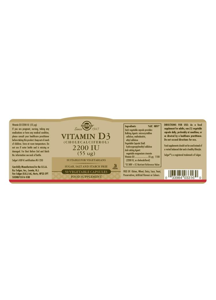 Solgar Vitamin D3 (Cholecalciferol) 2200 IU (55 µg) - 50 Vegicaps