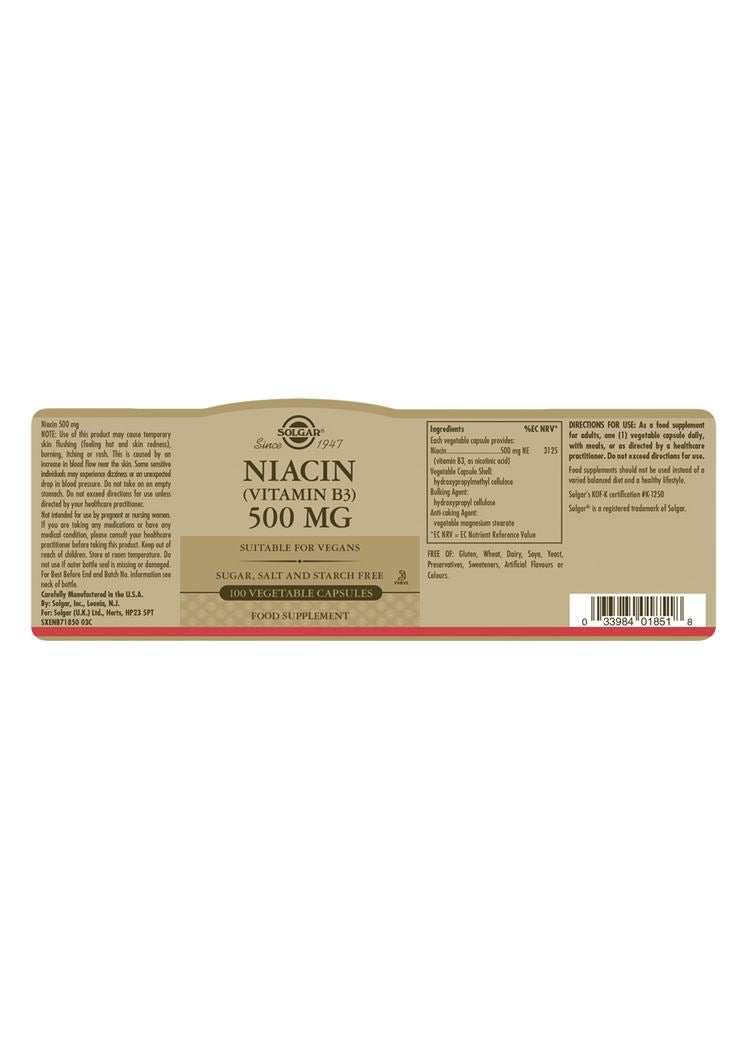 Solgar Niacin (Vitamin B3) 500 mg - 100 Vegicaps