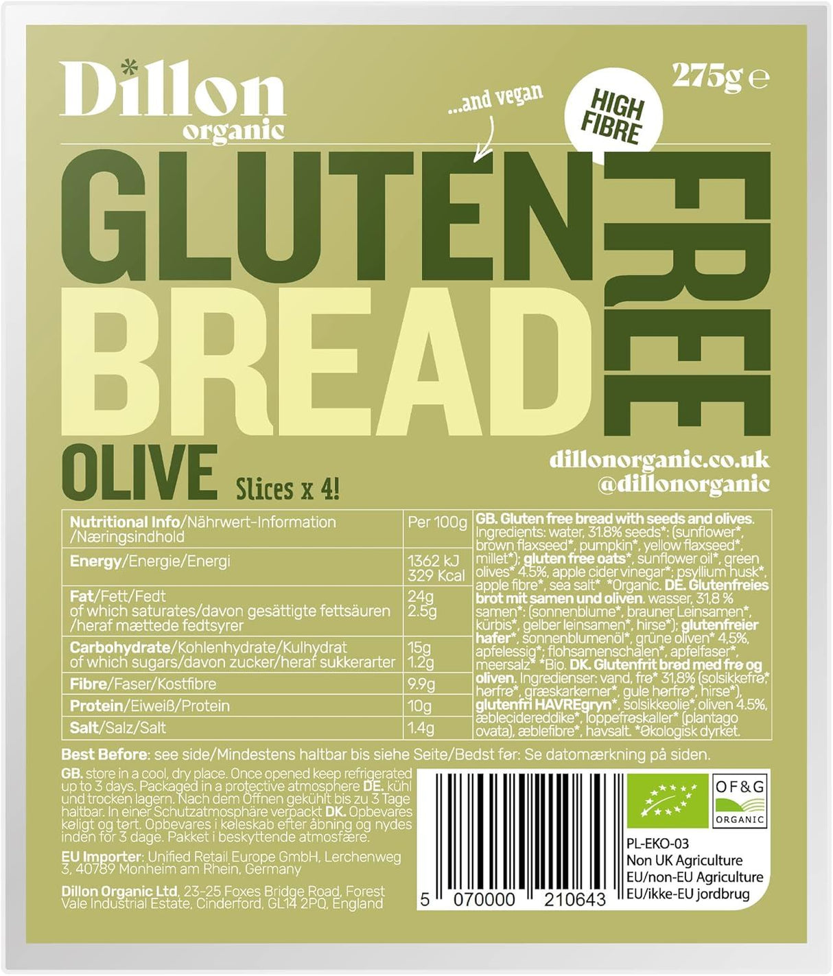 Dillon Organic Gluten Free Olive Bread 275g - Pack of 4