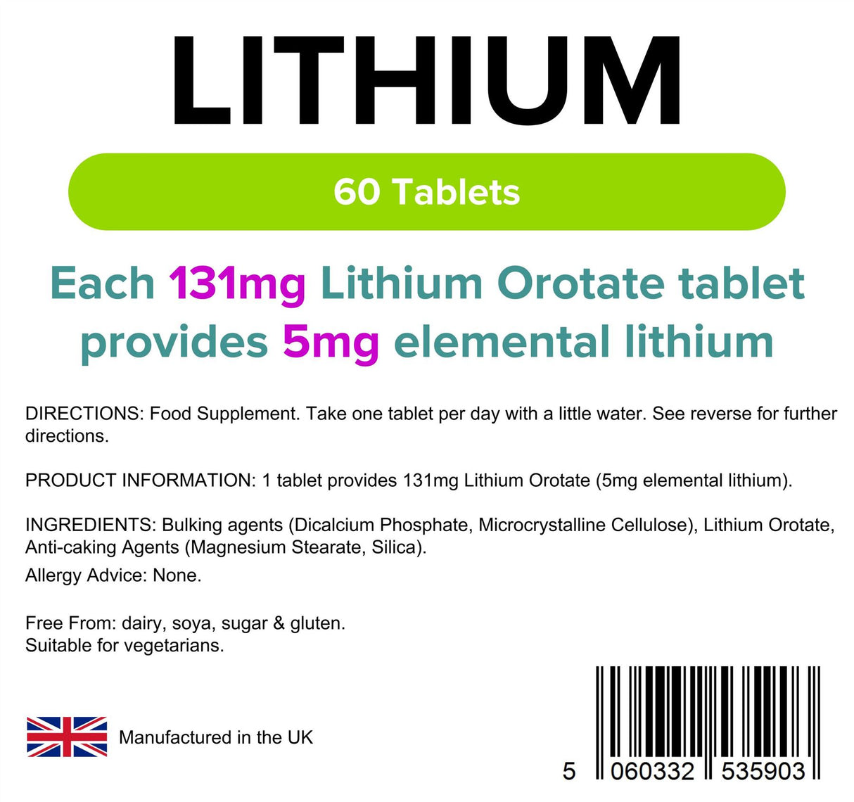 Lindens Lithium 5mg - 60 Tablets - From Lithium Ortate