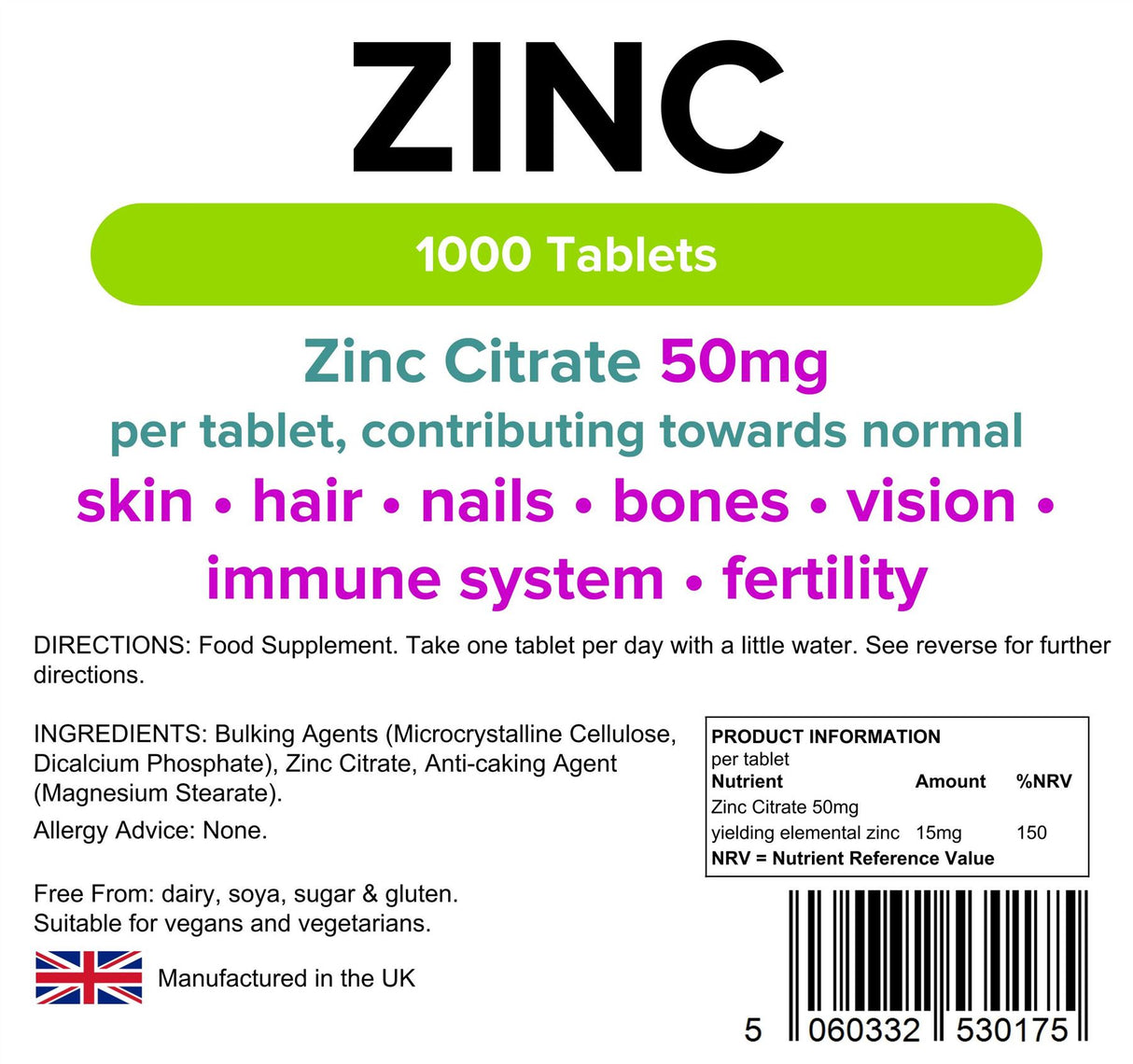 Lindens Zinc Citrate 50mg - 1000 Tablets