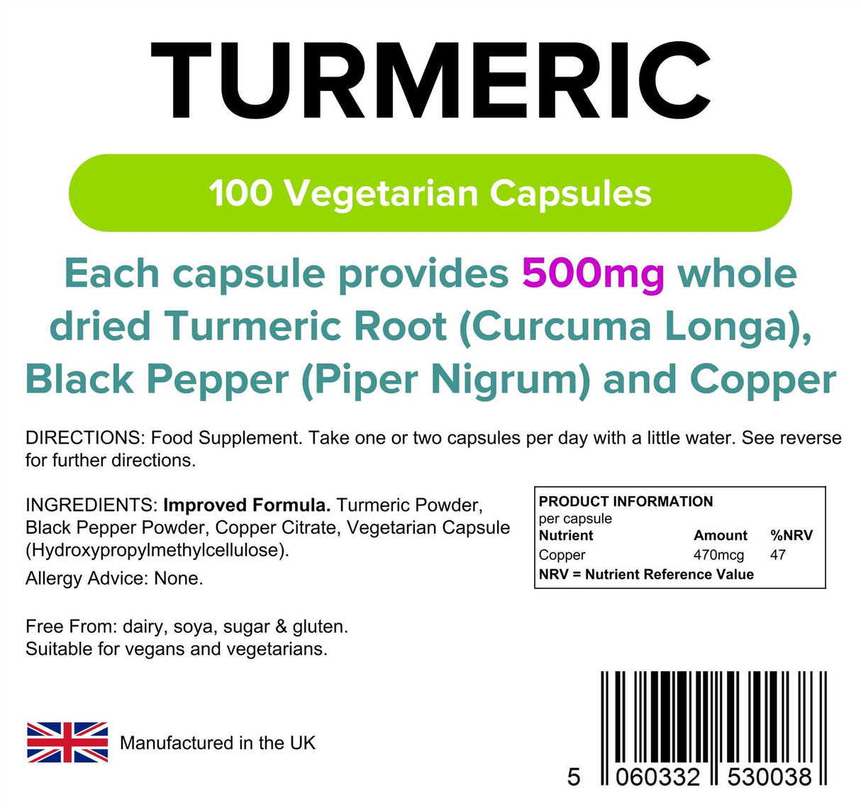 Lindens Turmeric and Black Pepper - 500mg Curcumin - 100 Capsules