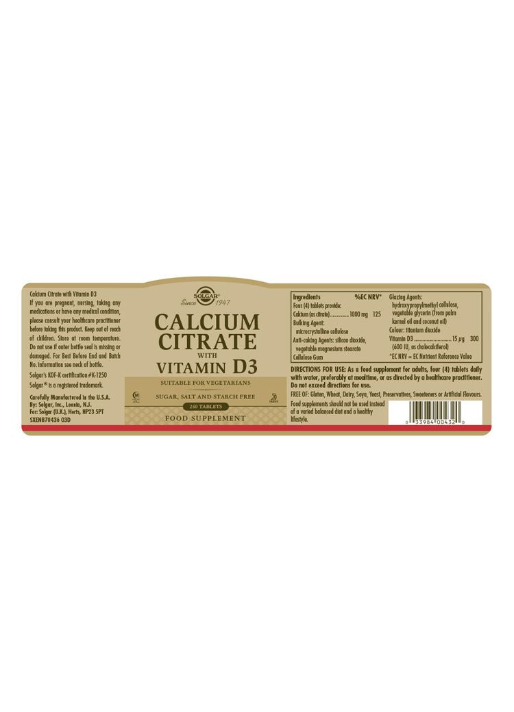 Solgar Calcium Citrate with Vitamin D3 - 240 Tablets