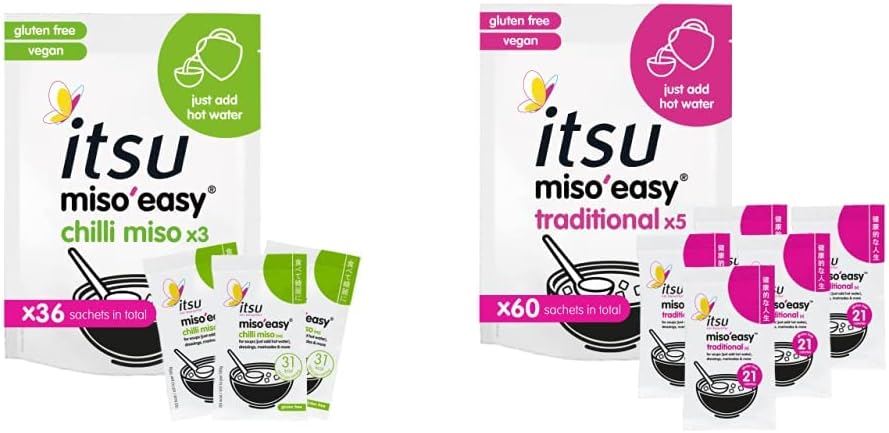 Itsu Miso Traditional Instant Miso Paste Combo - Chilli (3x20g) Pack of 12, 36 soups and Miso'easy (5x21g) Pack of 12, 60 soups