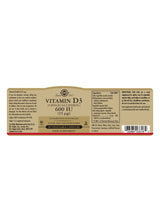 Solgar Vitamin D3 (Cholecalciferol) 600 IU (15 µg) - 60 Vegicaps