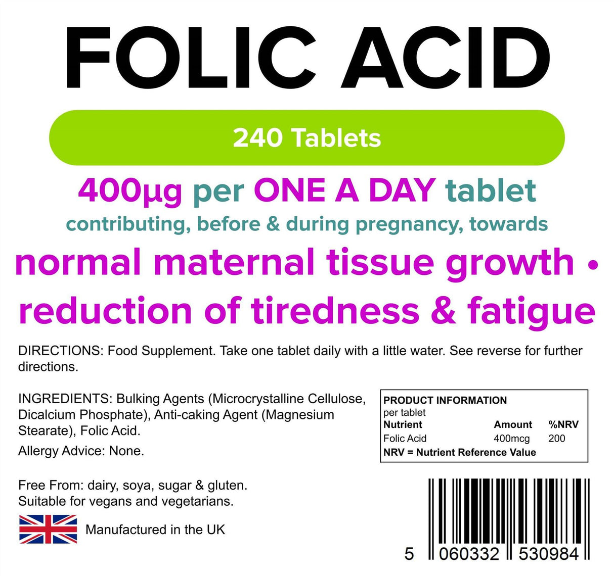 Lindens Folic Acid 400mcg - 240 Tablets