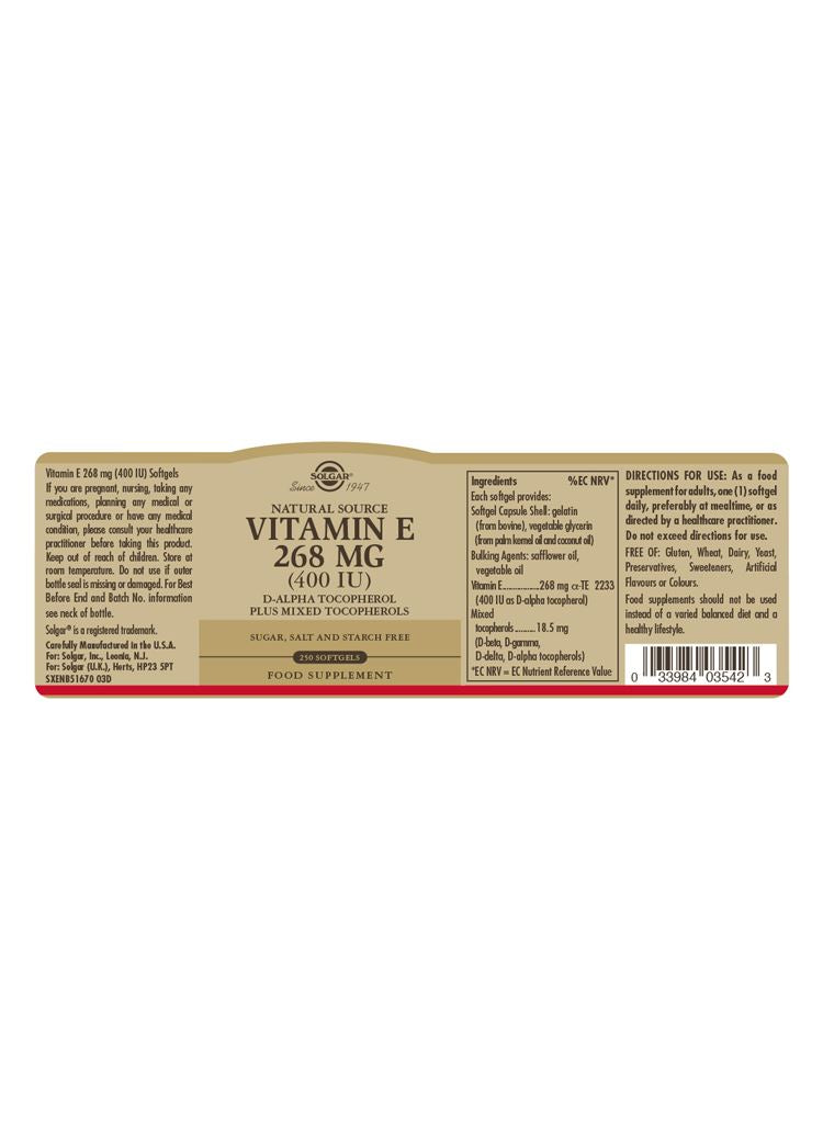 Solgar Natural Source Vitamin E 134 mg  (200 IU) - 250 Softgels