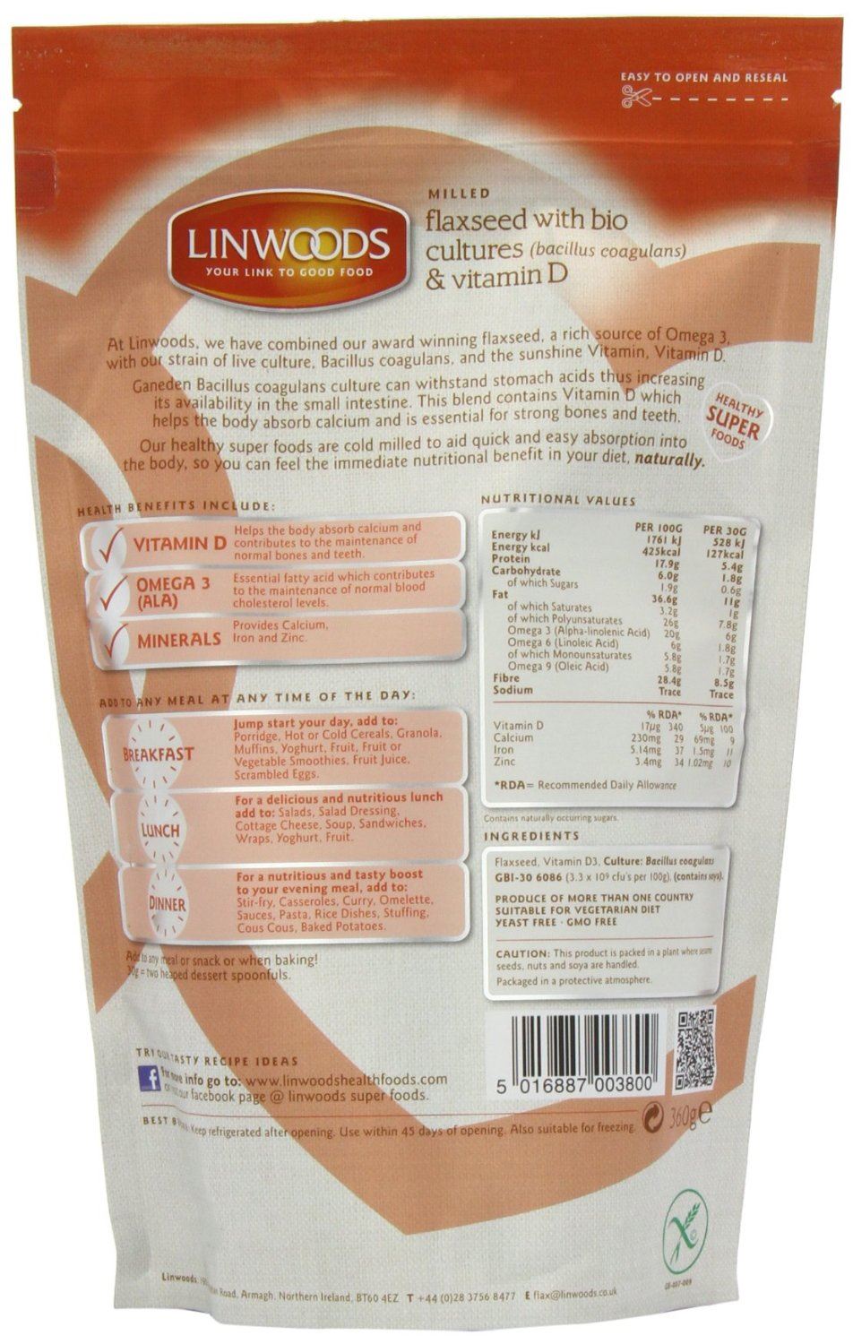 Linwoods Flaxseed with Probiotic and Vitamin D 360 g