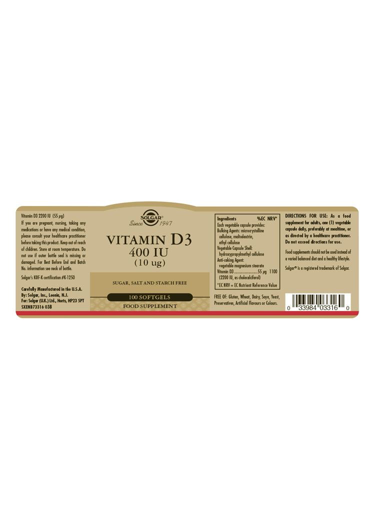 Solgar Vitamin D3 400 IU (10 µg) - 100 Softgels