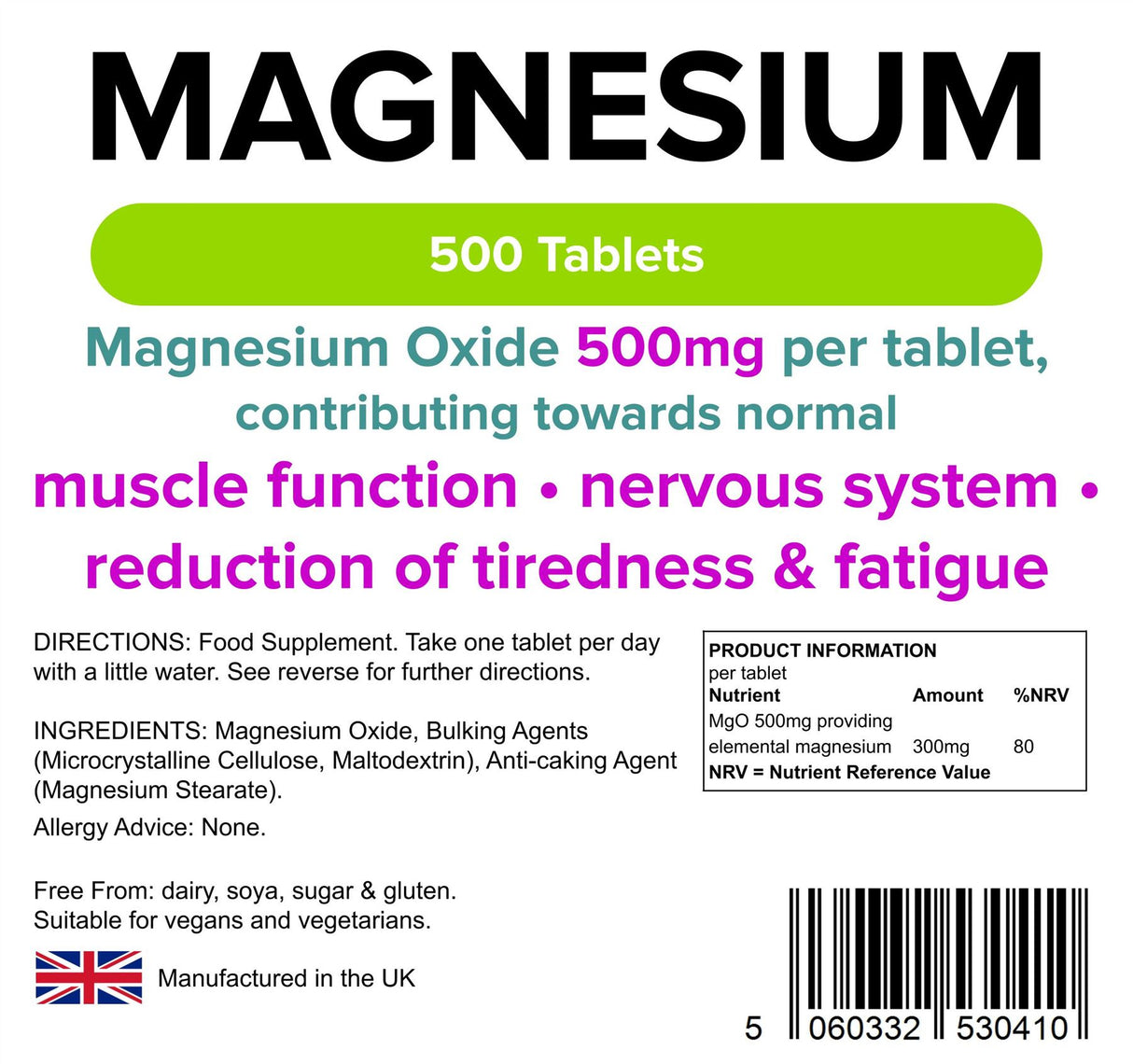 Lindens Magnesium (MgO 500mg) - 500 Tablets