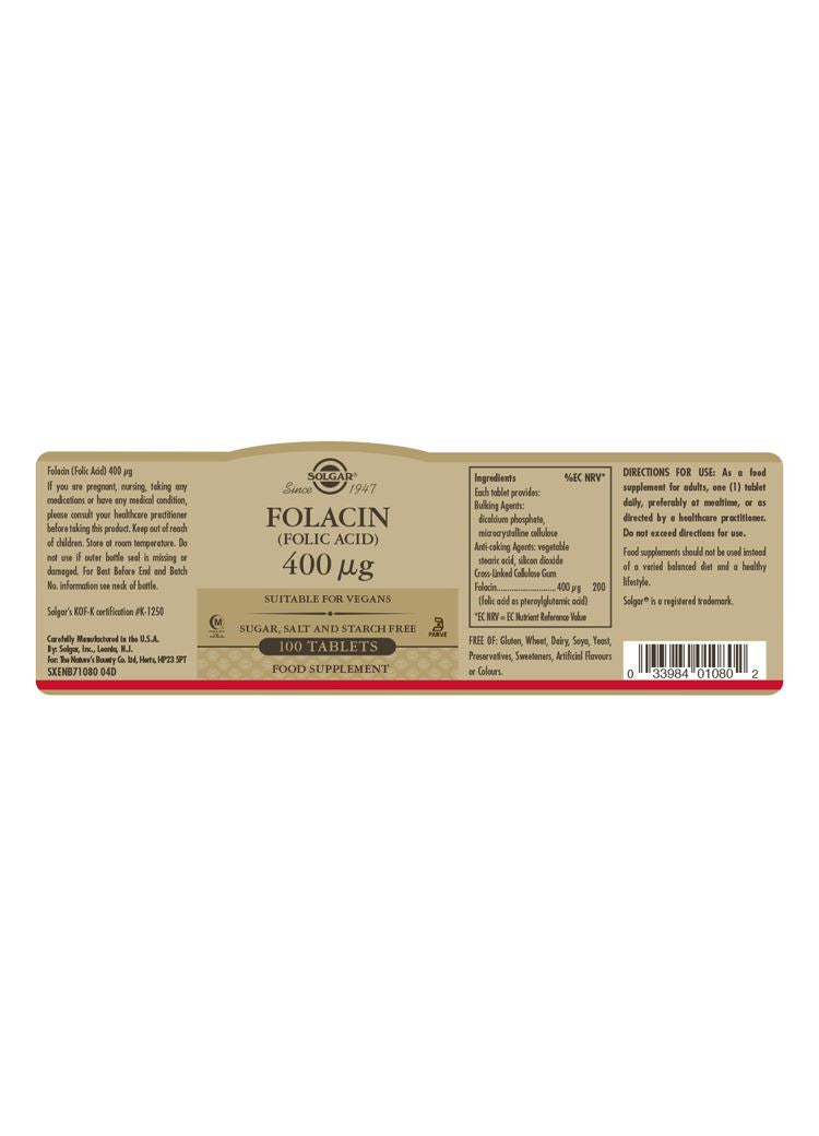 Solgar Folacin (Folic Acid) 400 µg - 100 Tablets