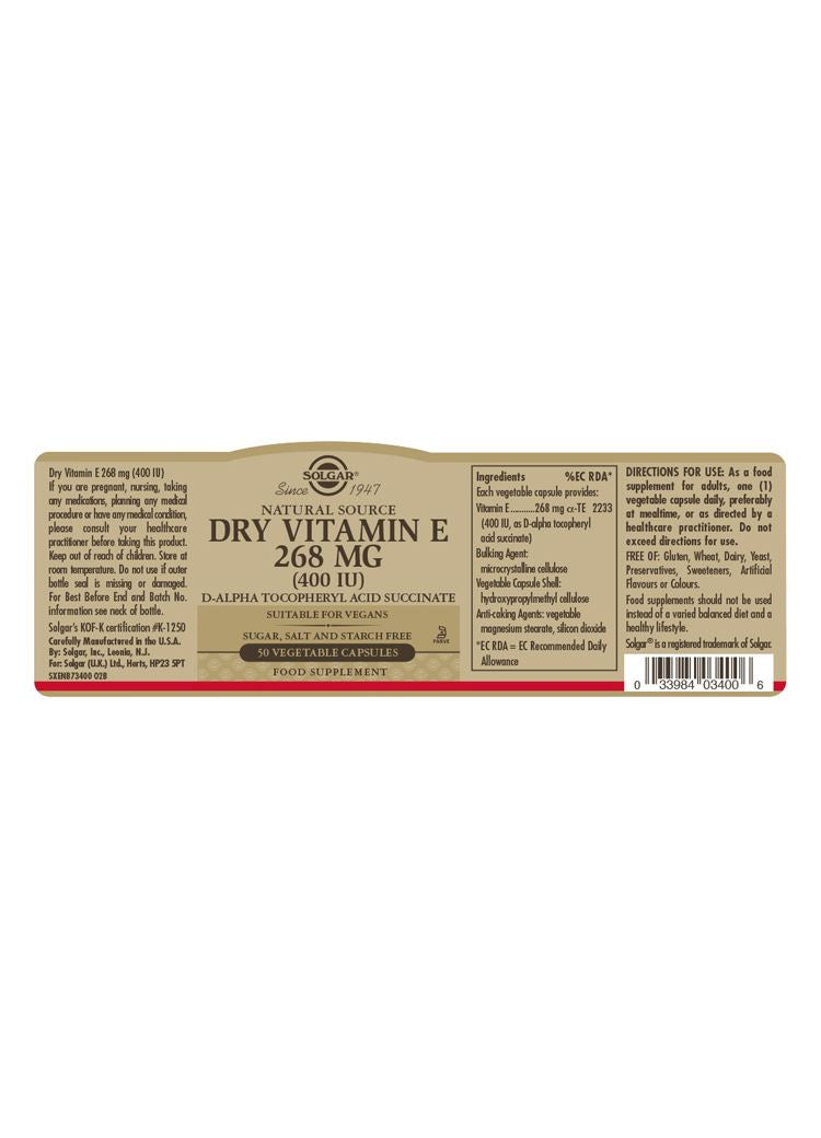 Solgar Natural Source Dry Vitamin E 268 mg (400 IU) - 50 Vegicaps