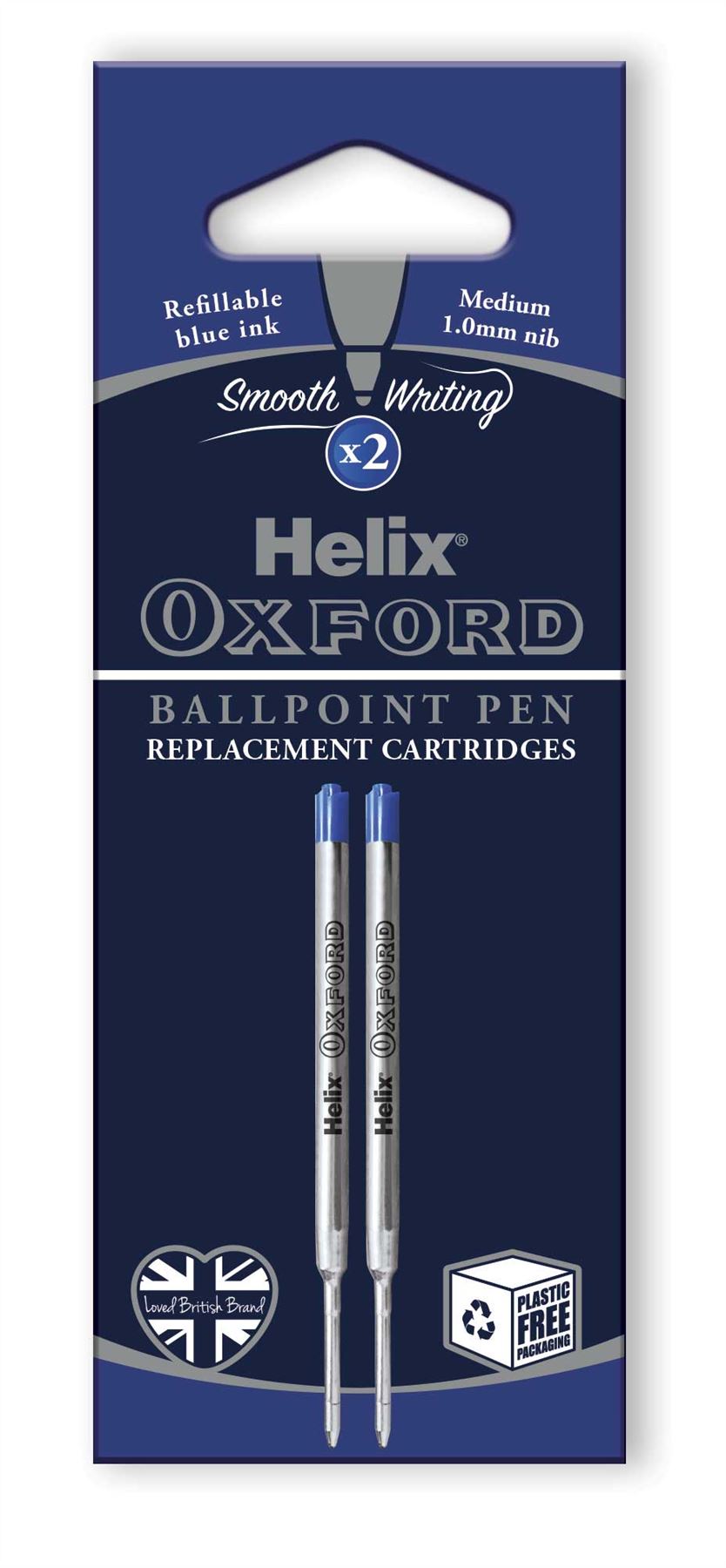 Helix Oxford Premium Ballpoint Pen Refills (Pack of 2) - Blue Ink