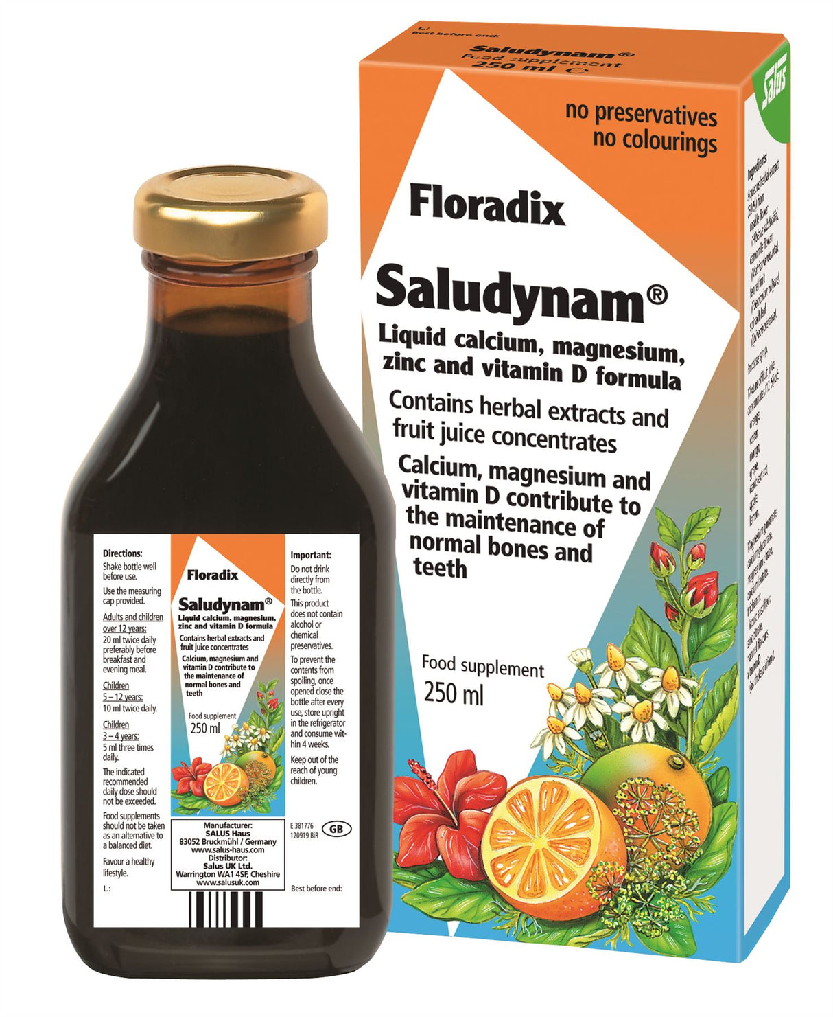 Floradix - Saludynam Liquid Calcium, Magnesium, Zinc and Vitamin D Formula - 250ml