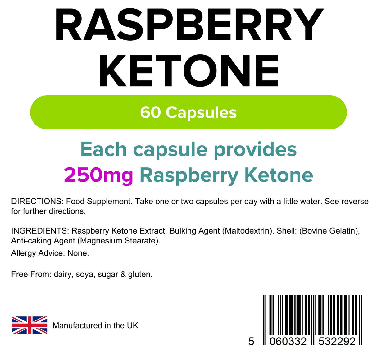 Lindens Raspberry Ketone 250mg - 60 Capsules