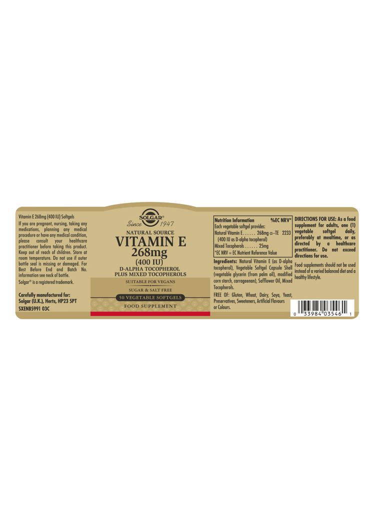 Solgar Natural Source Vitamin E 268 mg (400 IU) Vegetable - 50 Softgels