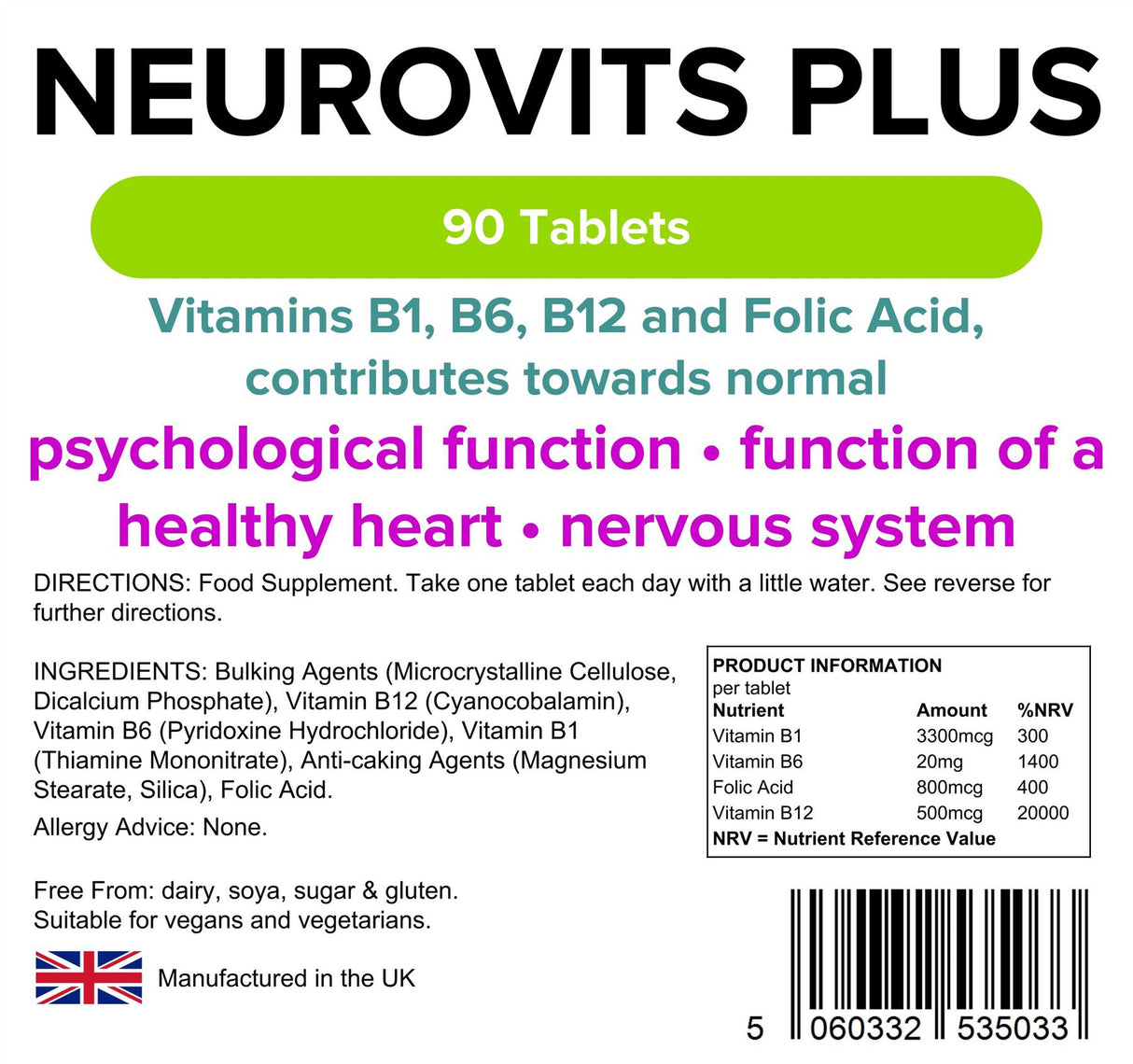 Lindens Neurovits Plus (B1, B12, B6, Folic Acid) - 90 Tablets