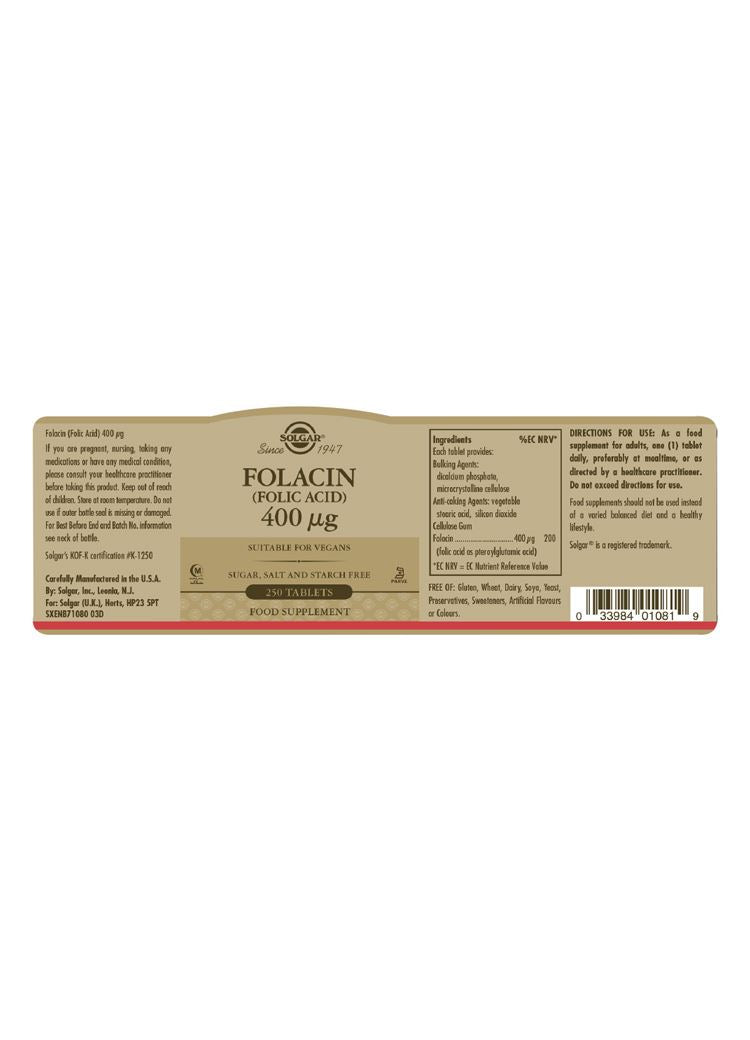 Solgar Folacin (Folic Acid) 400 µg - 250 Tablets