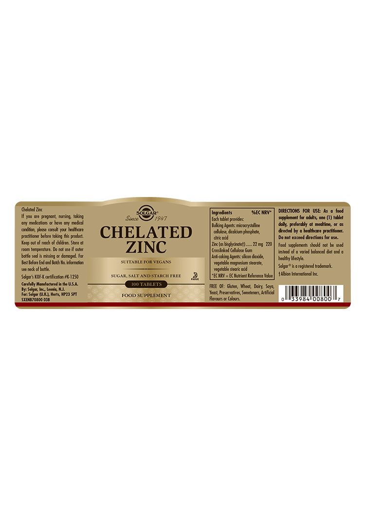 Solgar Chelated Zinc - 100 Tablets