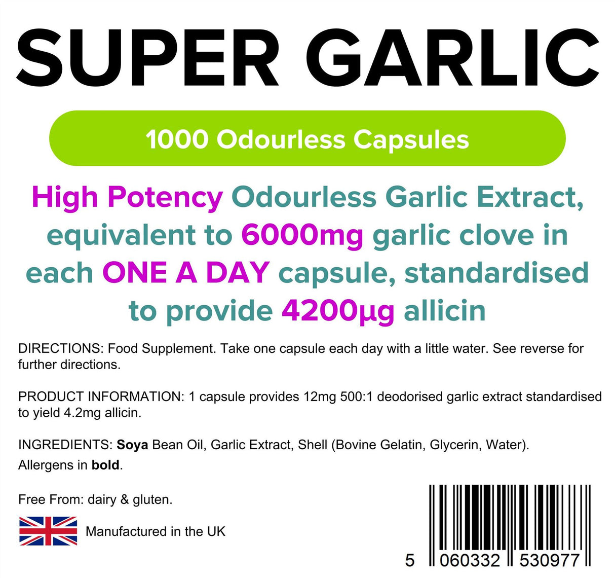 Lindens Garlic 6000mg - 1000 Odourless Capsules (Super Garlic)