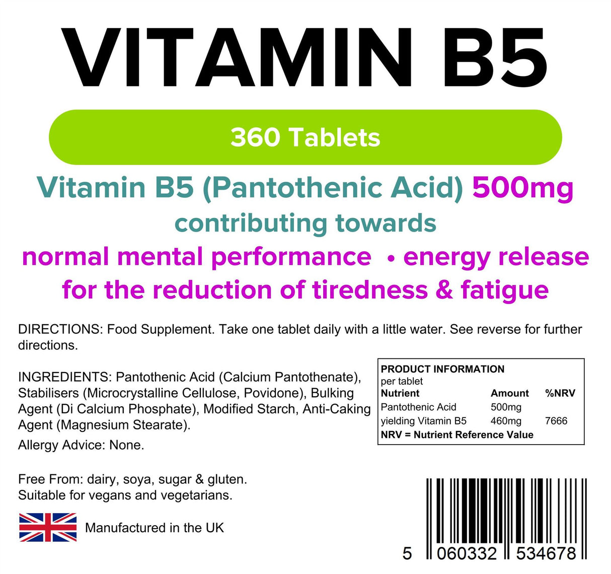 Lindens Vitamin B5 500mg - 360 Tablets