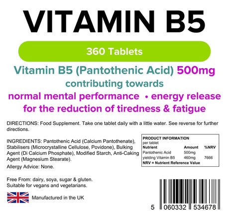 Lindens Vitamin B5 500mg - 360 Tablets