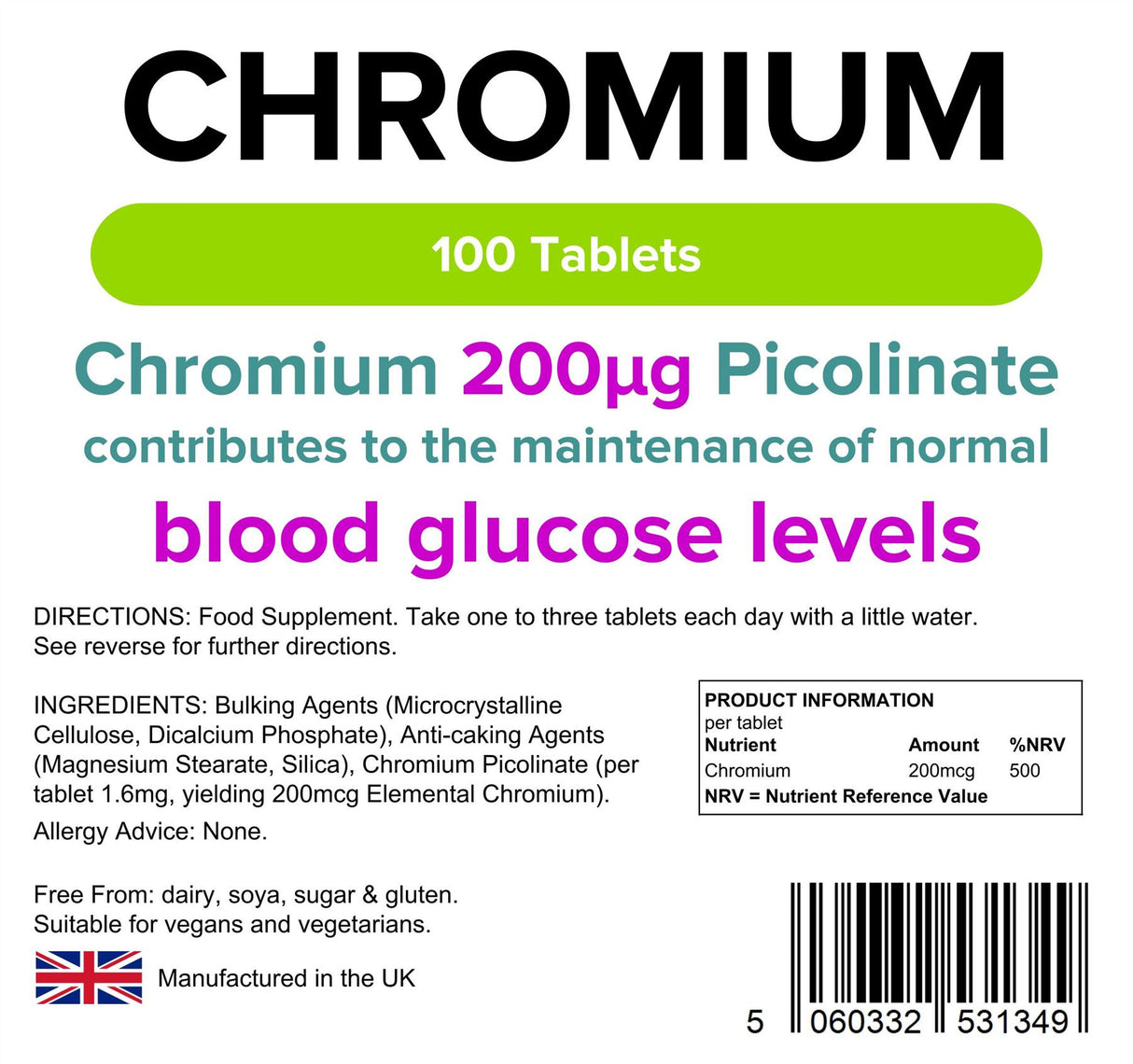 Lindens Chromium 200mcg - 100 Tablets