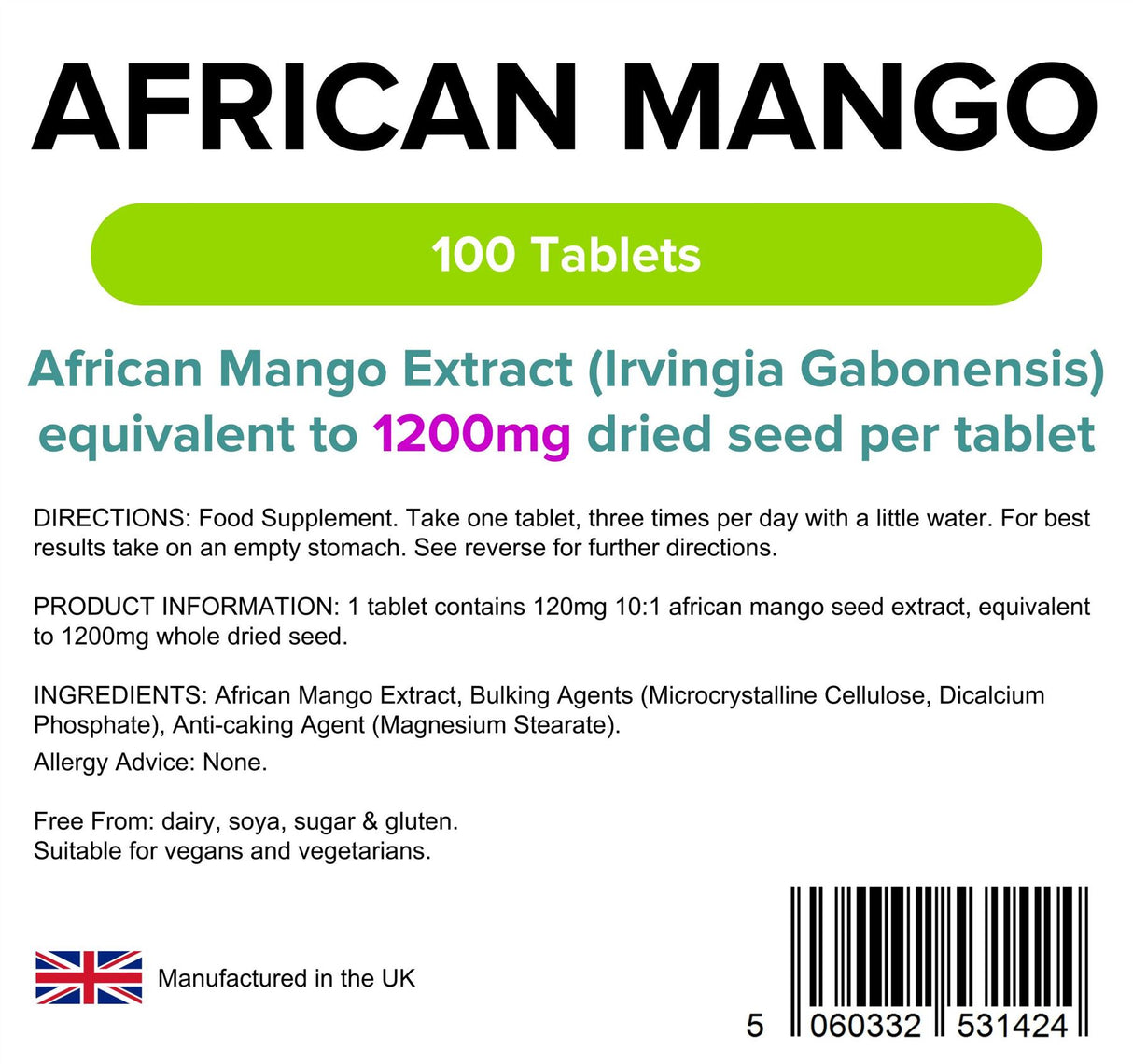 Lindens African Mango 1200mg - 100 Tablets