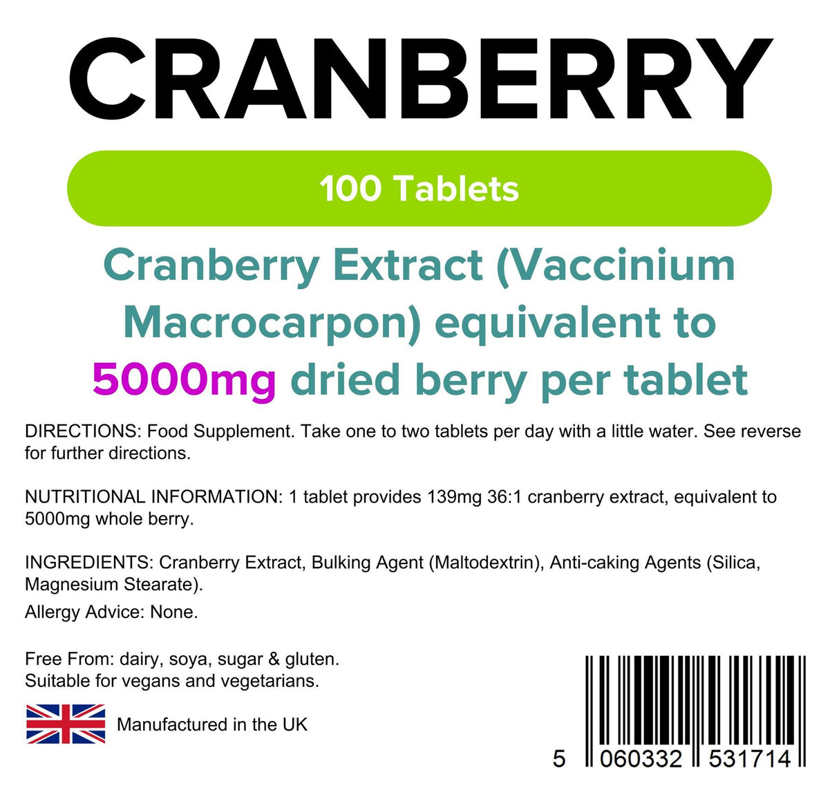 Lindens Cranberry Juice 5000mg - 100 Tablets