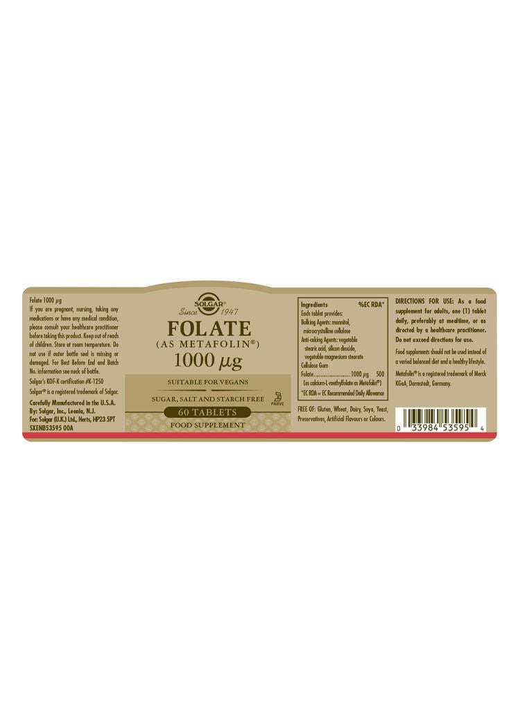 Solgar Folate (as Metafolin) 1000 µg - 60 Tablets