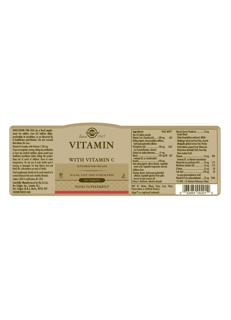 Solgar Vitamin B-Complex with Vitamin C - 250 Tablets