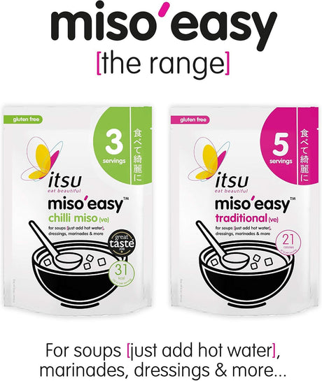 Itsu Miso Traditional Instant Miso Paste Combo - Chilli (3x20g) Pack of 12, 36 soups and Miso'easy (5x21g) Pack of 12, 60 soups