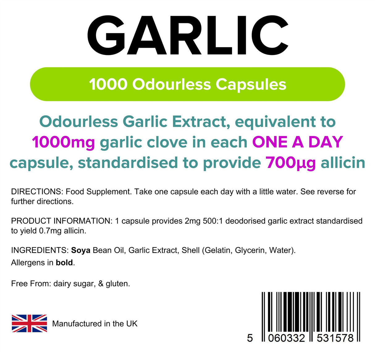 Lindens Garlic 1000mg - 1000 Odourless Capsules