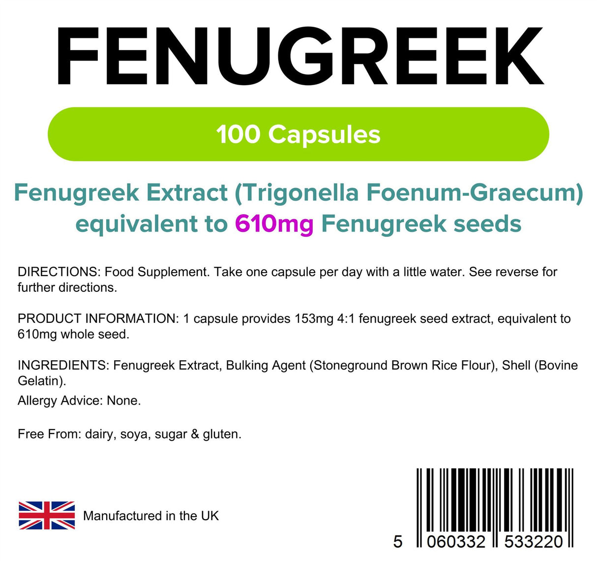 Lindens Fenugreek 610mg - 100 Capsules