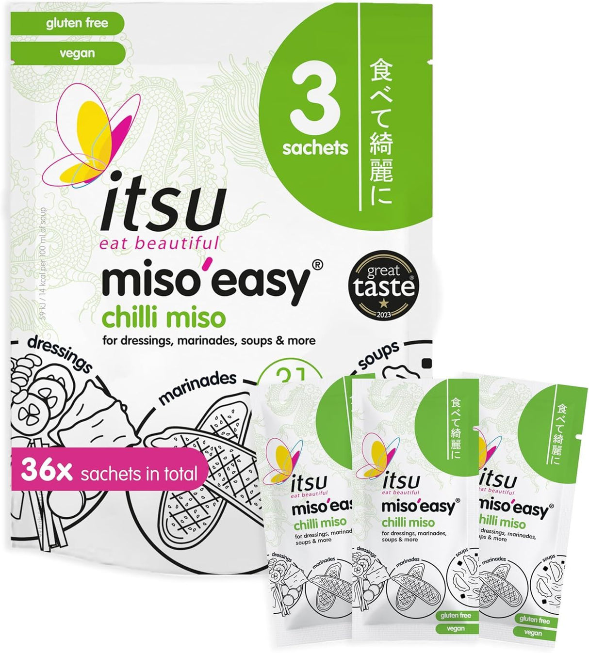 Itsu  Chilli Miso'easy Traditional Instant Miso Paste 60g (3x20g Sachets) - Pack of 12 (36 Soups)