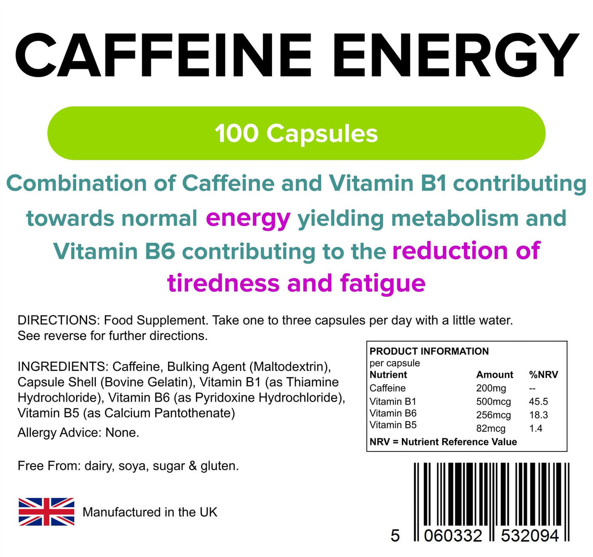 Lindens Caffeine Energy 200mg - 100 Capsules