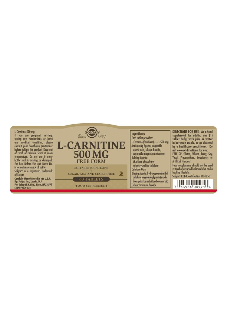 Solgar L-Carnitine 500 mg - 60 Tablets