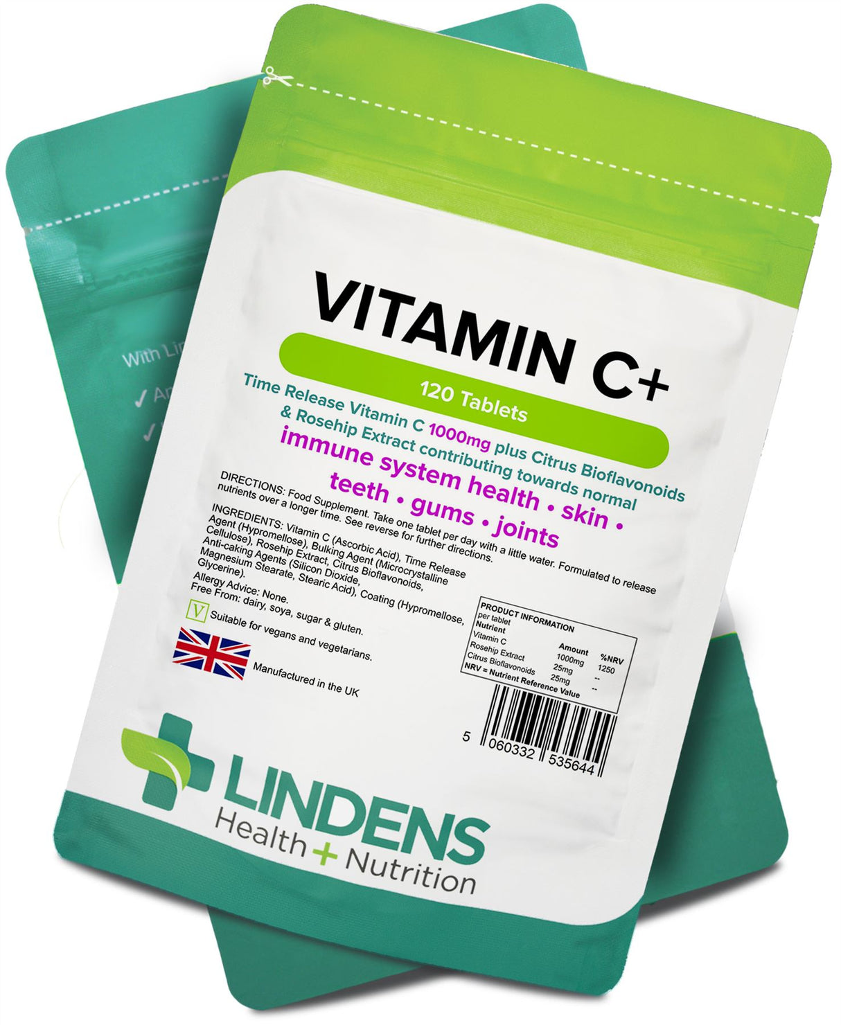 Lindens Vitamin C+ 1000mg - with Rosehip+Bioflavonoids - 120 Time Release Tablets