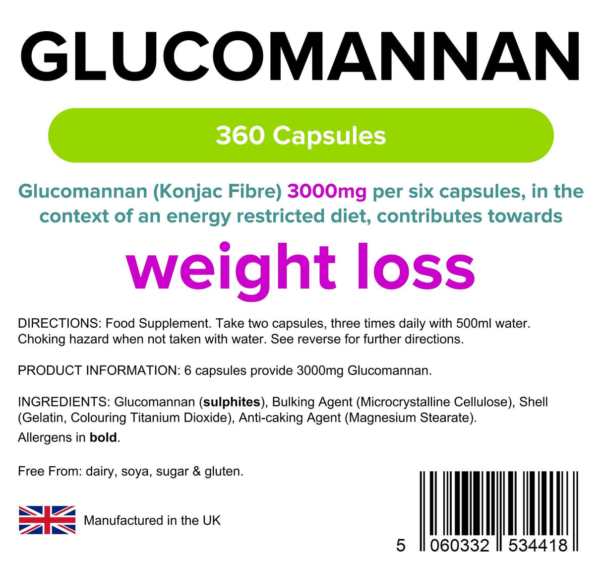 Lindens Glucomannan (Konjac Fibre) 500mg - 360 Capsules