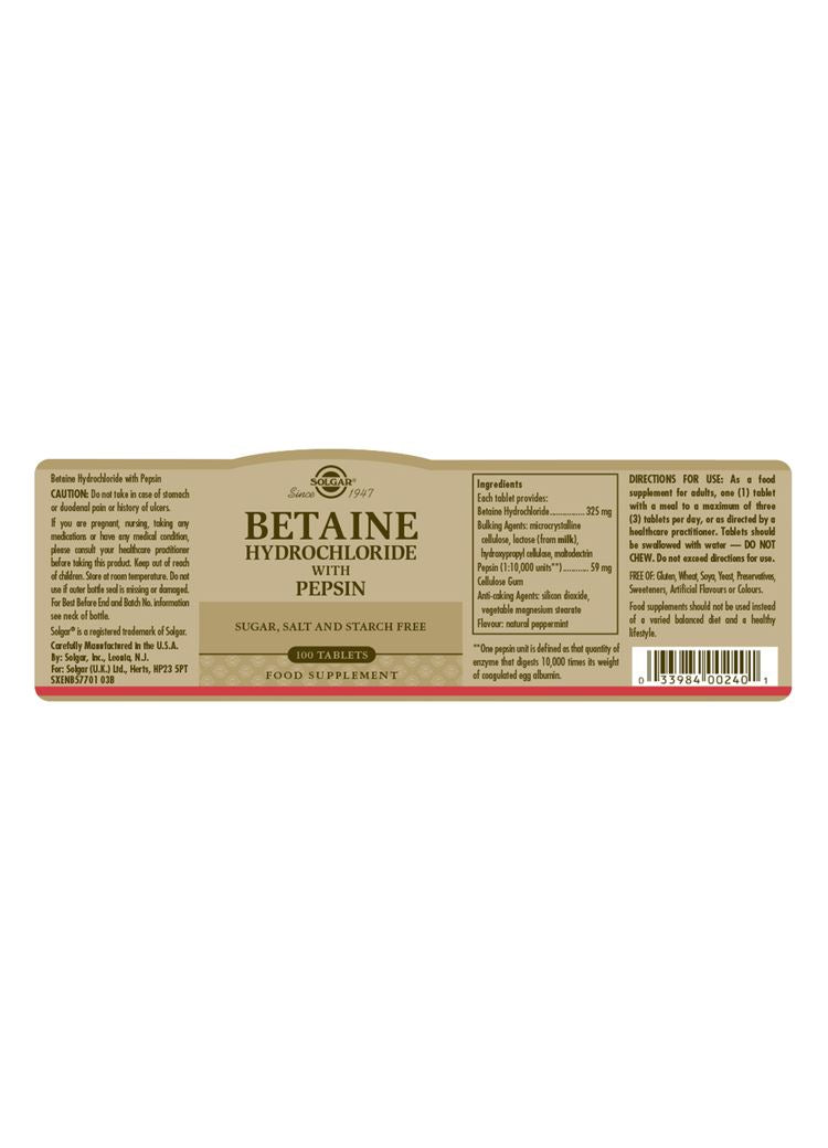 Solgar Betaine Hydrochloride with Pepsin - 100 Tablets