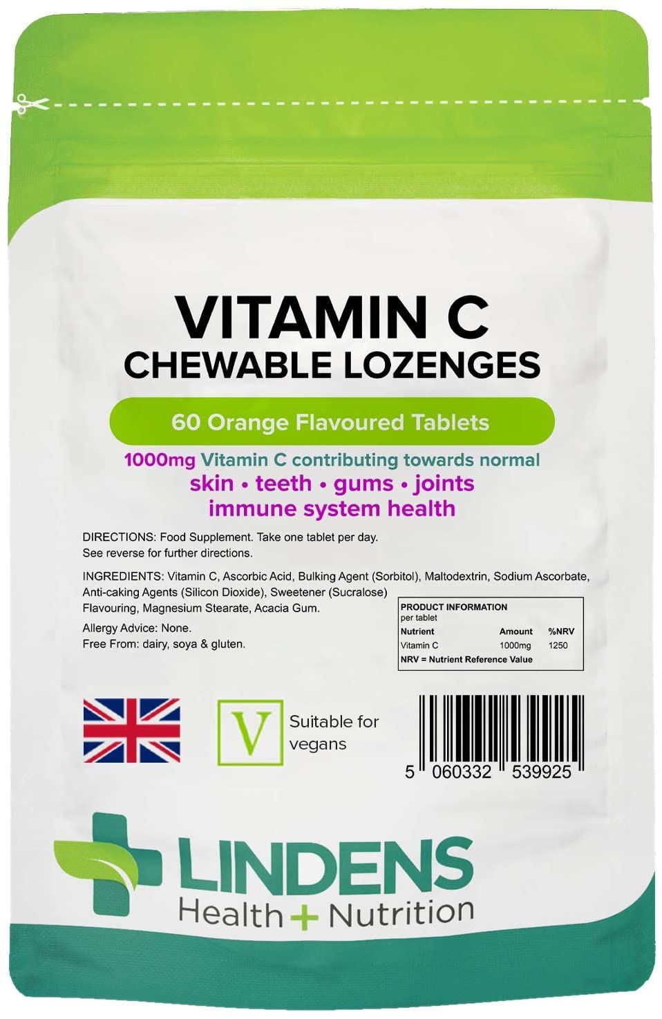 Lindens Vitamin C 1000 mg Orange Flavoured- 60 Chewable Lozenges