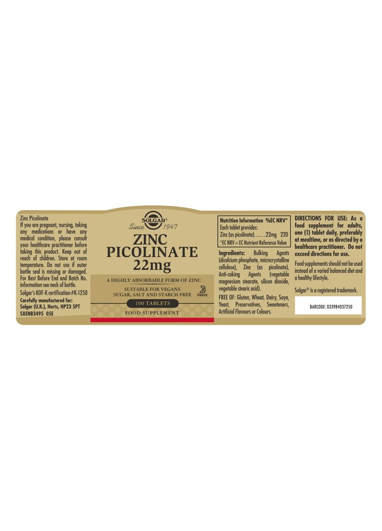 Solgar Zinc Picolinate 22 mg - 100 Tablets