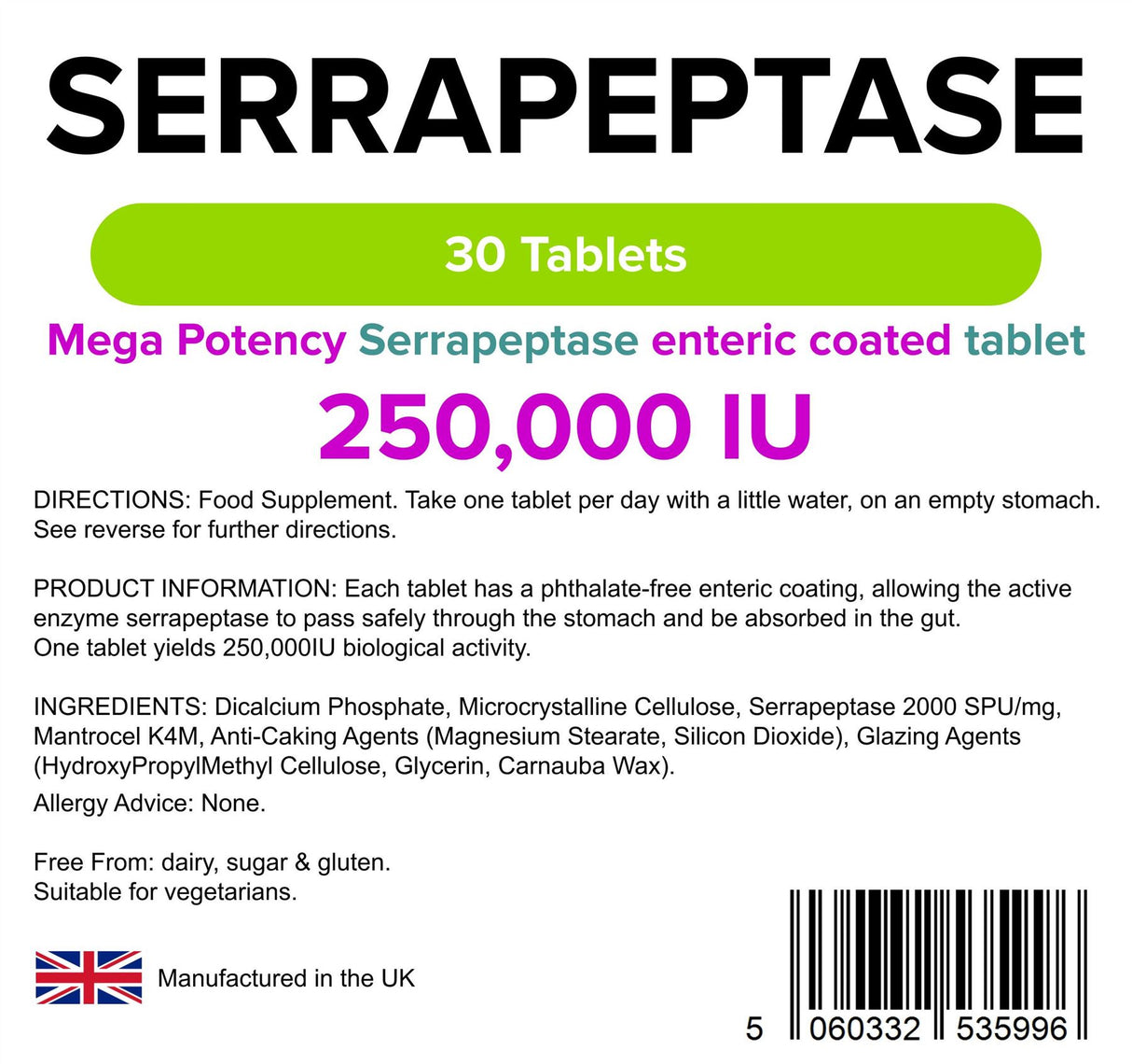 Lindens Serrapeptase 250,000IU - 30 Tablets