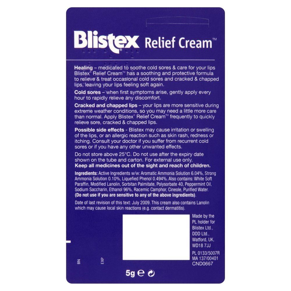 Blistex Relief Cream 5g For Cold Sores Cracked Chapped Lips